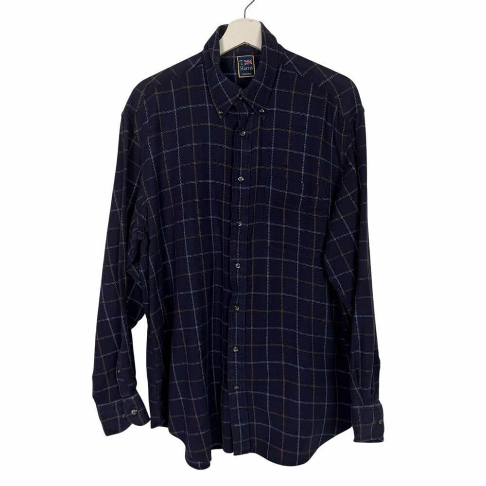 T. Harris London Men's Plaid Men's Casual Button Down Shirt size XL Blue
